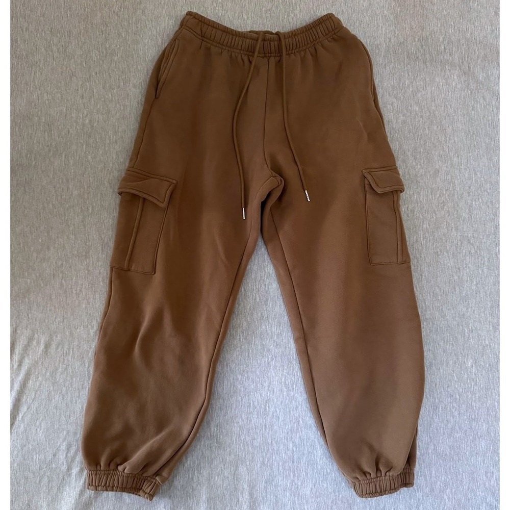 Omet Brown Fleece Cargo Sweatpants Women's Size M Cozy Joggers‎ Elastic Waist
